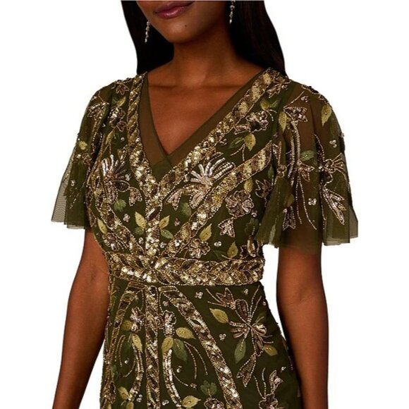 Adrianna Papell Womens Flutter Sleeve Beaded Mesh Ankle Dress Olive Size 22W NEW - Picture 3 of 6